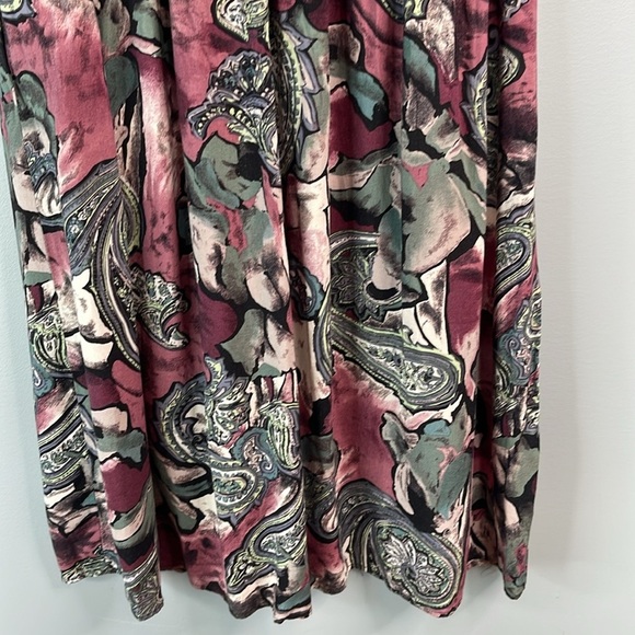 VINTAGE 80s Paisley Floral Print Midi Skirt Hunter Green Dusty Rose Rayon L - Picture 5 of 9